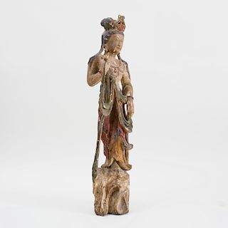 Chinese Polychrome Painted and Carved Wood Figure of a Beauty