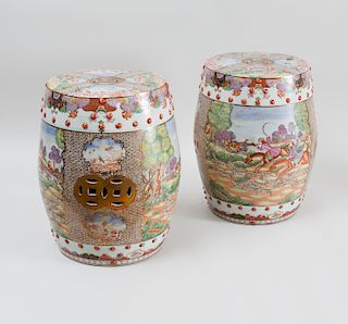 Pair of Chinese Export Style Porcelain Barrel Form Stools