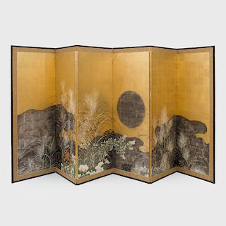 Japanese Painted with Gold and Silver Leaf Six Panel Screen
