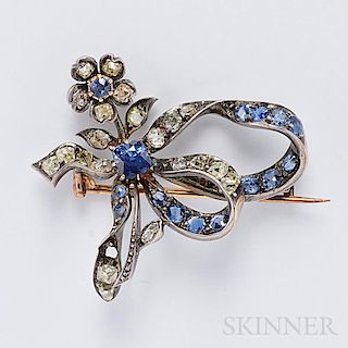 Antique Sapphire and Diamond Flower Brooch