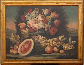 Continental School: Still Life of Flowers, Fruit and Vegetables 