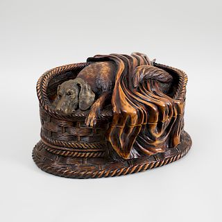 Continental Carved Walnut Box, In the Form of a Hound Resting in a Bed, Probably German