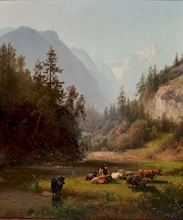 HERMAN OTTOMAR HERZOG, (American/German, 1832-1932), Cows in the Valley