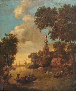 KLAES NICOLAES MOLENAER, (ca. 1630-1676), Landscape with Figures Crossing a River