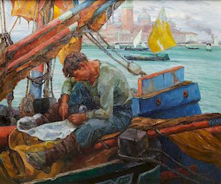 PIERETTO BIANCO BORTOLUZZI, (Italian, 1875-1937), Mending the Sails
