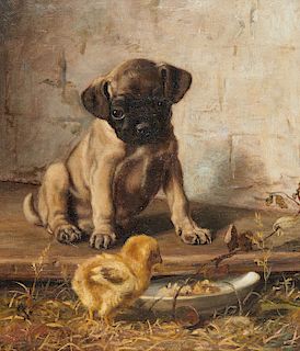 FRANK WHITING ROGERS, (American, 1854-1917), Pug and Chick at Meal Time