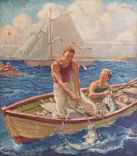 RAY C. STRANG, (American, 1893-1957), The Rival Campers Afloat