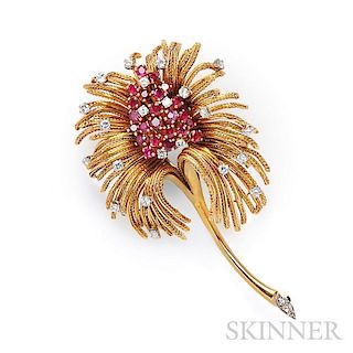 18kt Gold, Ruby, and Diamond Flower Brooch