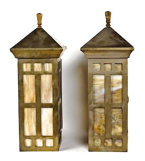 A Pair of Brass and Slag Glass Sconces, Height 18 x width 6 1/2 x depth 9 3/4 inches.