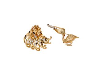 Two 18K Gold and Diamond Brooches