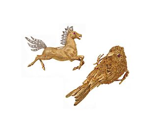 Two Gold and Gemset Figural Brooches