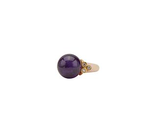 18K Gold, Amethyst, Coral, and Diamond Ring