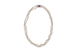 Double Strand Pearl Necklace with Platinum, Ruby, and Diamond Clasp