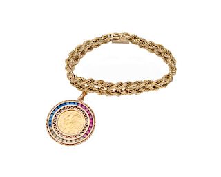 18K Gold Bracelet with a Gold Coin and Gemset Charm