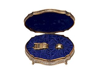 Pair of 18K Yellow Gold Jewish Marriage Rings in a Gilt Silver Box