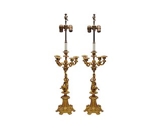 Pair of Continental Gilt Bronze Five Light Figural Candelabra, mounted as lamps