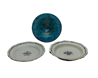 Persian Turquoise Earthenware Bowl together with Two Continental Tin Glazed Earthenware Chargers