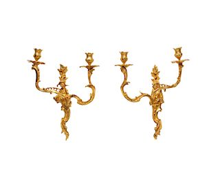 Pair of Louis XV Style Chinoiserie Gilt Bronze Two-light Wall Sconces