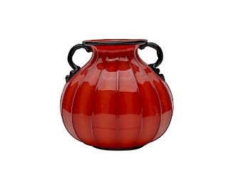 MURANO Red and Black Glass Ribbed Bulbous Vase
