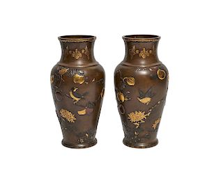 Large Pair of Japanese Meiji Period Patinated Bronze and Mixed Metal Vases