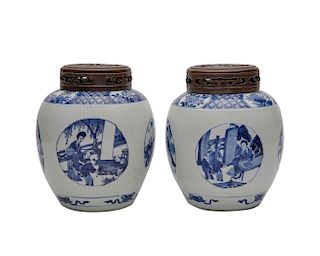 Pair of Chinese Blue and White Ribbed Ginger Jars
