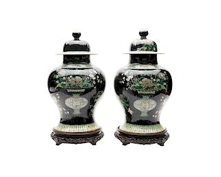 Pair of Chinese Iridescent Famille Noir Covered Baluster Jars