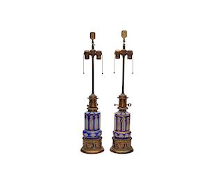 Pair of Victorian Gilt Metal Mounted Cobalt Blue and Milk Glass Oil Lamps, electrified