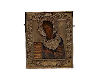 Greek or Russian Icon depicting Christ, with gilt metal cover