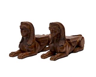 Pair of Carved Fruitwood Recumbent Greek Sphinx Figures