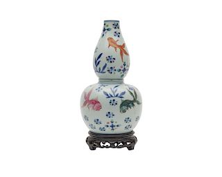 Chinese Fish and Flora Decorated Double Gourd Vase
