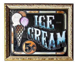 A Leaded Glass Ice Cream Store Sign, Height 18 1/2 x width 22 1/2 inches.