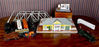 A Lionel Train Set, Height of train station 6 1/2 x width 20 x depth 10 inches.