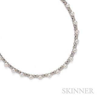 18kt White Gold, Cultured Pearl, and Diamond Necklace, Bulgari