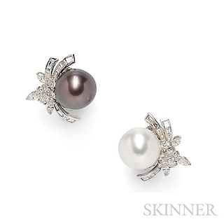 18kt White Gold, Tahitian Pearl, and South Sea Pearl, and Diamond Earclips