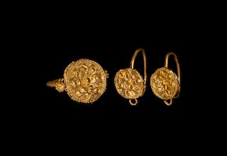 Greek Gold Ring and Earring Set with Rosettes