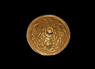 Sogdian Gold Vessel Lid with Warrior Heads