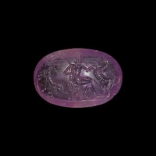 Amethyst Gemstone with Hunter and Ibexes