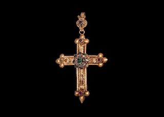 Gold Cross Pendant with Emerald and Rubies