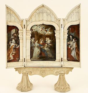 EARLY 19TH C. BONE TRIPTYCH HOUSING OIL ON IVORY