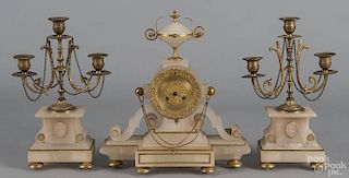 French gilt-brass mantel clock and garniture, 19th c., 13 1/4" h.