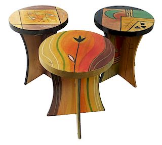 3 Signed Hand Painted Wooden Navajo Round Tables
