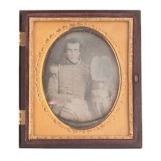 Sixth Plate Daguerreotype of Militiaman Posed with 1851 Shako Emblazoned HENRY'S