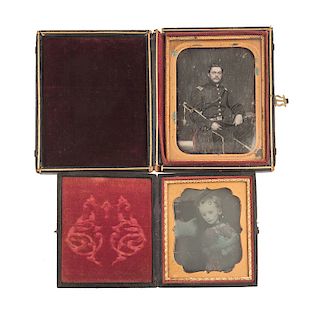 Unusual Pair of Daguerreotypes Featuring a Soldier and Postmortem View of his Daughter
