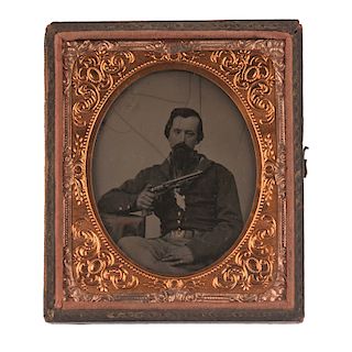 Sixth Plate Tintype of a Union Soldier with 1860 Army Revolver