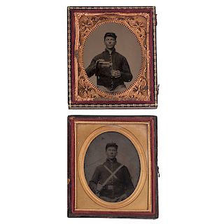 Two Sixth Plate Tintypes of the Same Civil War Soldier, Posed with his Sword and a Drink