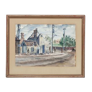 A. Russo Watercolor, Street in Verville-Sur-Mer, Created In-Theater Just Three Days After D-Day on June 9, 1944
