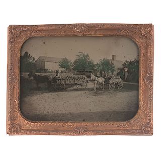 Half Plate Ambrotype of Delivery Men in Wagons, Probably Laden with Dairy