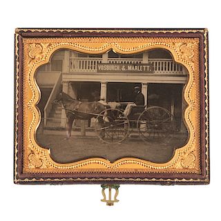 Quarter Plate Ambrotype of a Horse-Drawn Carriage and Storefront