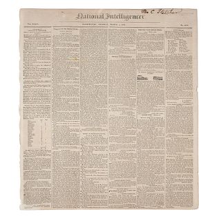 National Intelligencer, First Printing of Andrew Jackson's Second Inaugural Address, Washington, DC, 1833