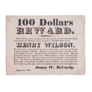 Runaway Slave Reward Broadside, Jefferson County, (West) Virginia, 1835